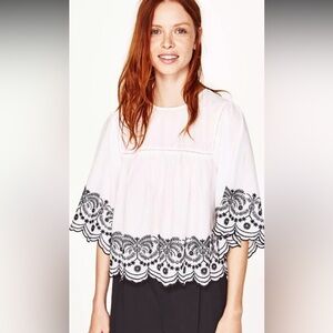 Zara Basic white embroidered poplin babydoll blouse size S